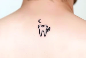 Tiny line-art molar tooth outlined in black with a crescent moon on one side and a single leaf on the other, minimal dot-work texture, elegant and dainty tattoo idea