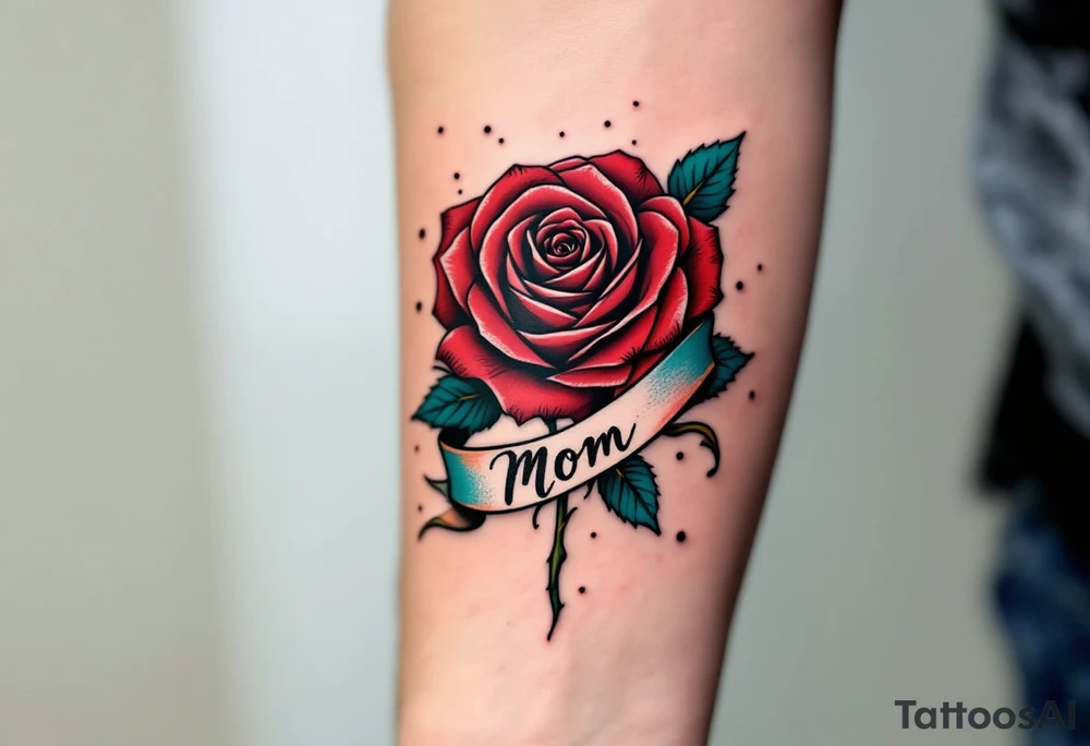 A red rose with a teal ribbon that wraps around with “Mom” in bold black ink. tattoo idea