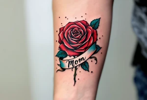 A red rose with a teal ribbon that wraps around with “Mom” in bold black ink. tattoo idea