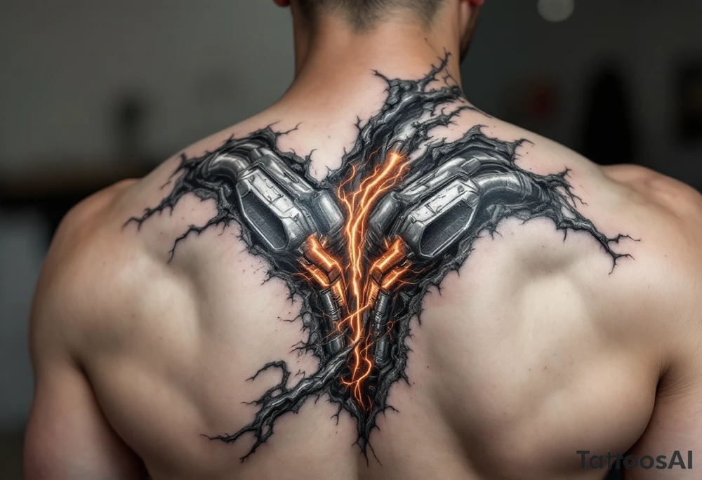 A ripped-skin illusion showing carbon fiber muscles and glowing orange pistons in motion. tattoo idea