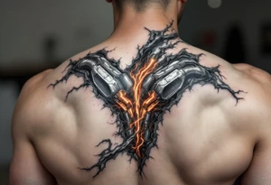 A ripped-skin illusion showing carbon fiber muscles and glowing orange pistons in motion. tattoo idea
