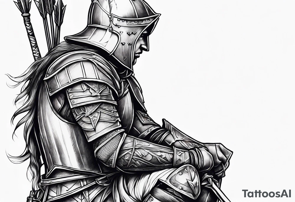 Side profile of a wounded knight on his knees with five arrows sticking out of his back tattoo idea