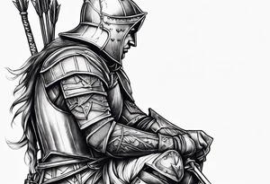 Side profile of a wounded knight on his knees with five arrows sticking out of his back tattoo idea