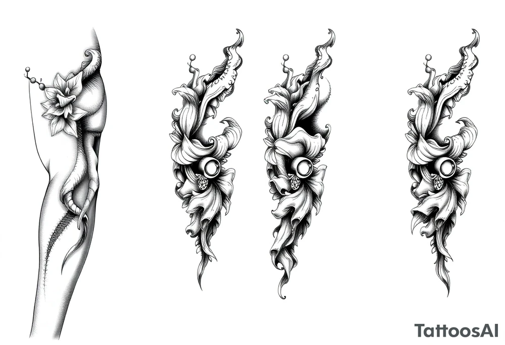 Tattoo sleeve filler using smoke, ash, and fragmented memory effects, organic flow wrapping around arm muscles, soft gradients, negative space, black and grey realism, seamless transitions between main tattoo elements. tattoo idea