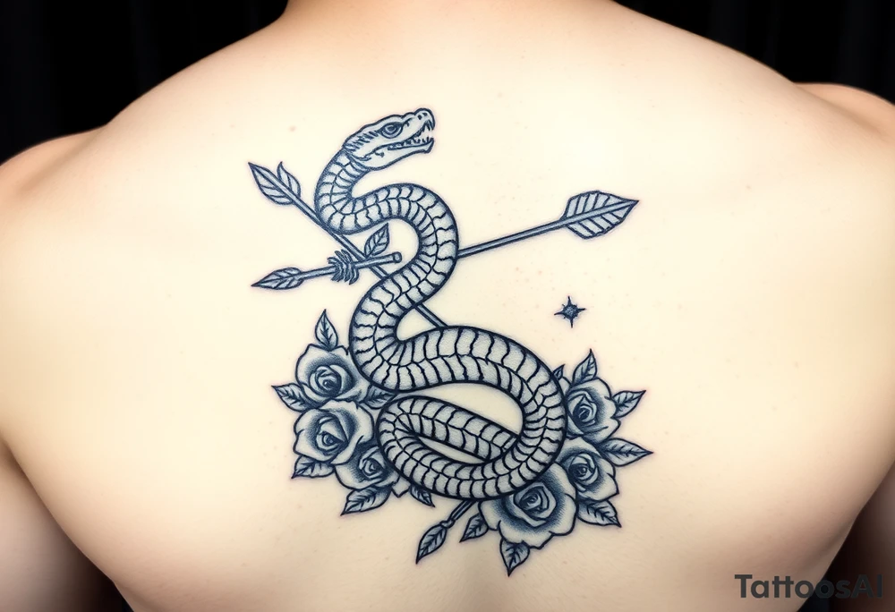 snake with bow and arrow with dragon around chest and have roses as background
, tattoo idea