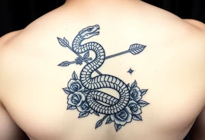 snake with bow and arrow with dragon around chest and have roses as background
, tattoo idea
