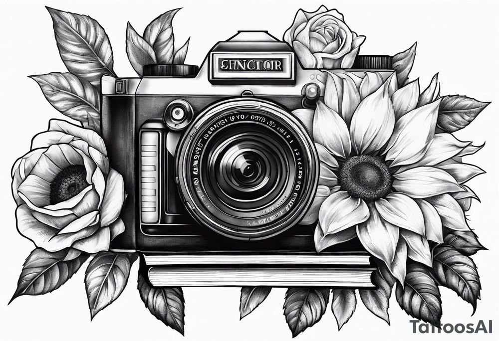sunflower, camera, flower rose , book tattoo idea