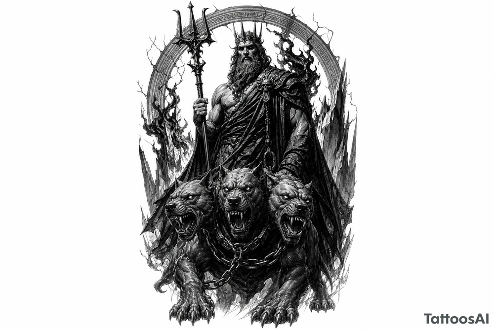Hades with Cerberus in a dark, mythological style. tattoo idea