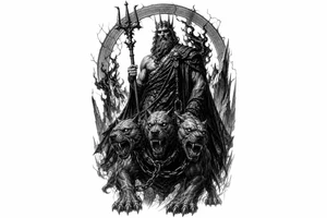 Hades with Cerberus in a dark, mythological style. tattoo idea