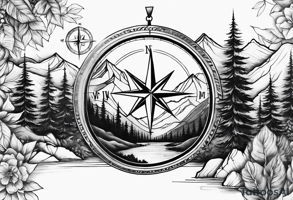 mountains half sleeve with compass tattoo idea