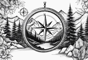 mountains half sleeve with compass tattoo idea