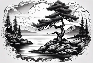 Sleeve tattoo windswept pine tree before lake with low cliff face on another side of lake. Mastiff silhouette in the foreground. with a dock coming out from the shore tattoo idea