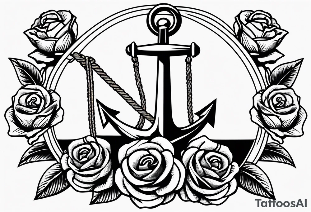 old school anchor sitting at an angle 
with rope 
and banner across anchor and old school roses tattoo idea