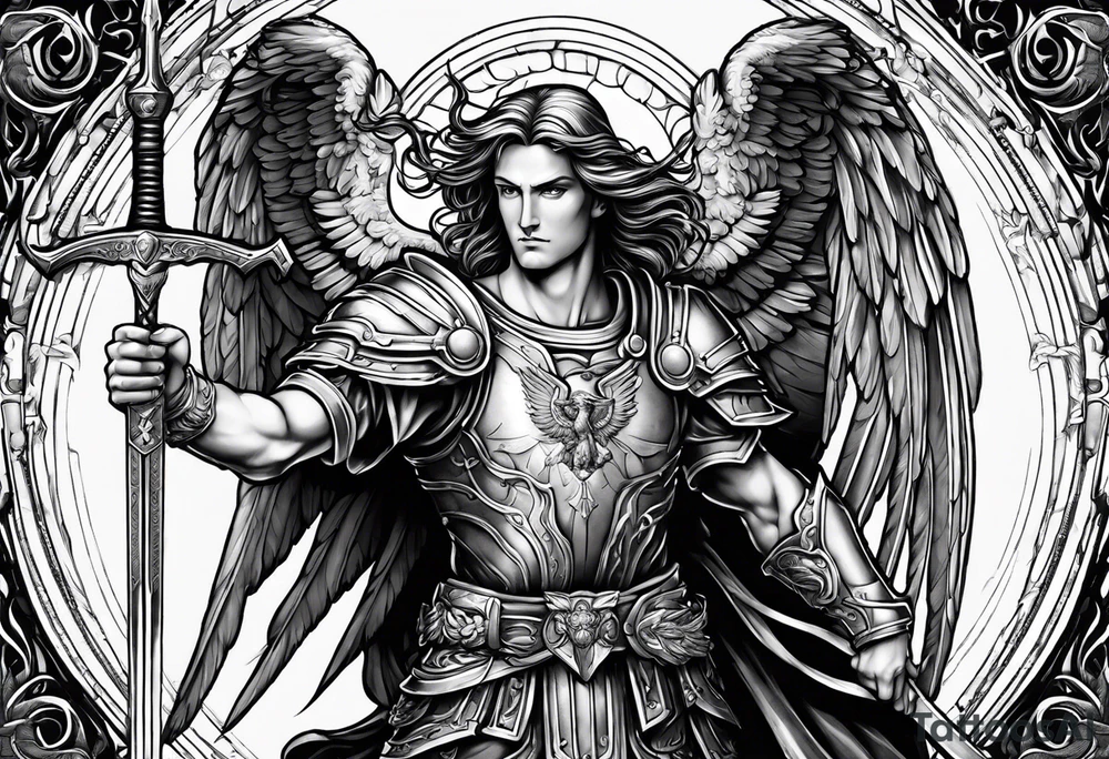 full body saint michael holding a sword tattoo idea