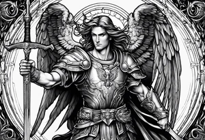 full body saint michael holding a sword tattoo idea