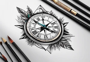 half compass half clock with arrow in the middle with mountain, trees and river; no circle tattoo idea