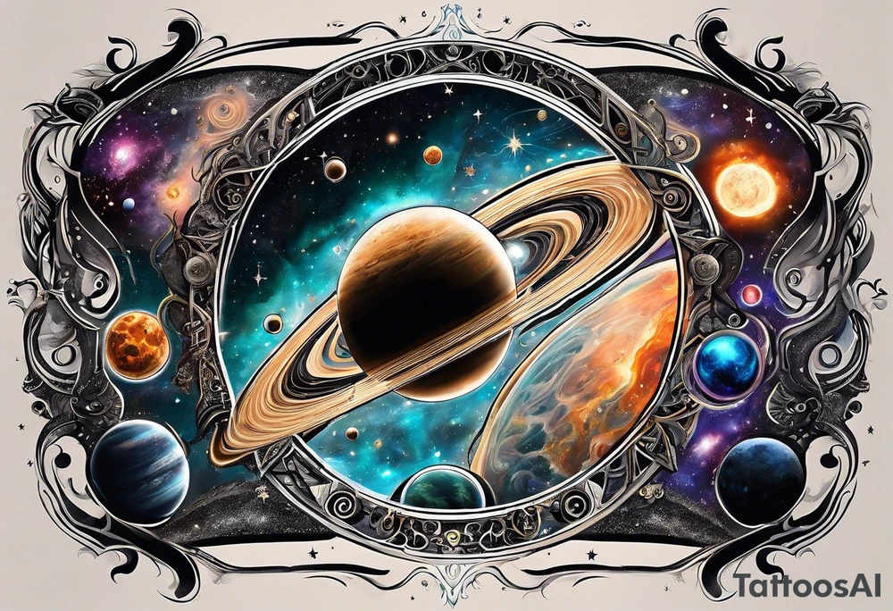 A tattoo featuring a cosmic scene with planets, black holes, and supernovae intertwined with intricate linguistic symbols, reflecting the client's interests in cosmology and linguistics. tattoo idea