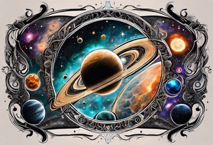 A tattoo featuring a cosmic scene with planets, black holes, and supernovae intertwined with intricate linguistic symbols, reflecting the client's interests in cosmology and linguistics. tattoo idea