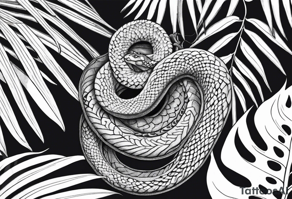 HidingLittle snake with monstera tattoo idea