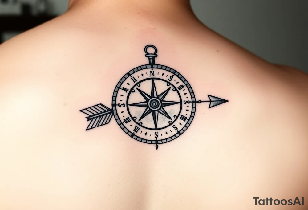 left forearm compass/clock with a native american arrow going thru it and say true north tattoo idea