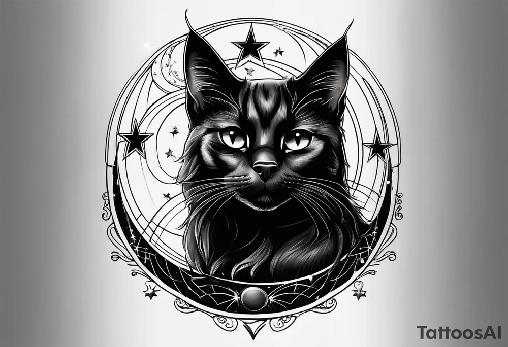 Photo realistic black cat head with moon and stars tattoo idea