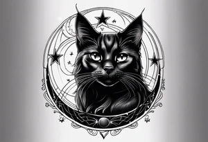 Photo realistic black cat head with moon and stars tattoo idea