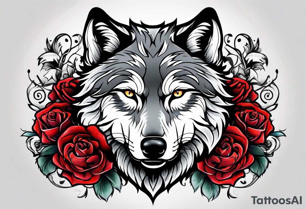 Wolf with skulls and roses tattoo idea