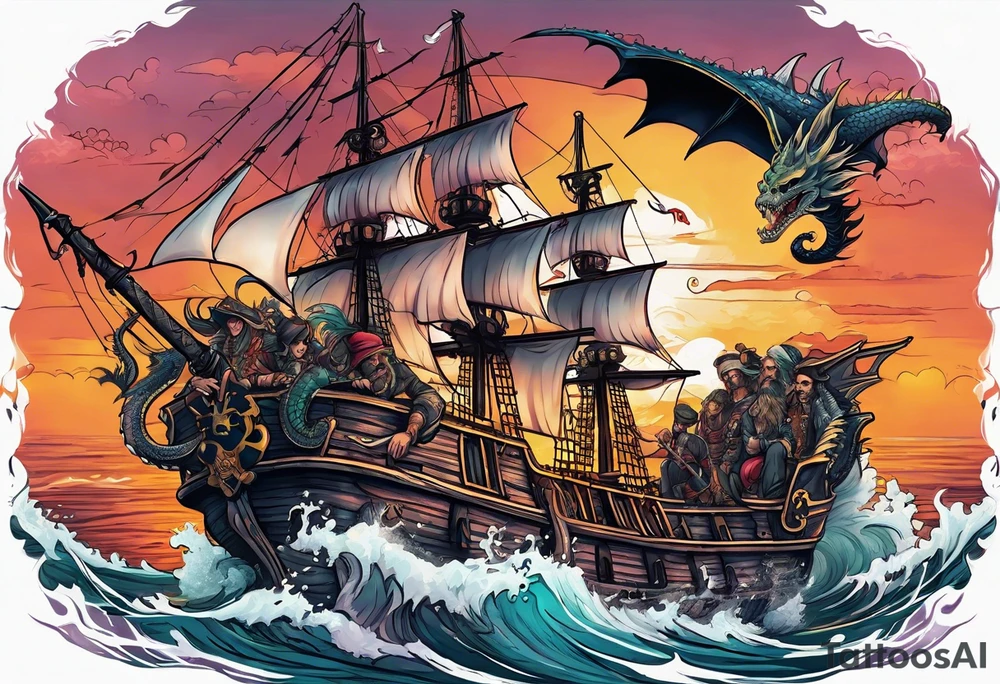 multiple skull pirates together with a sea serpent dragon with a sunset background and sexy wenches tattoo idea