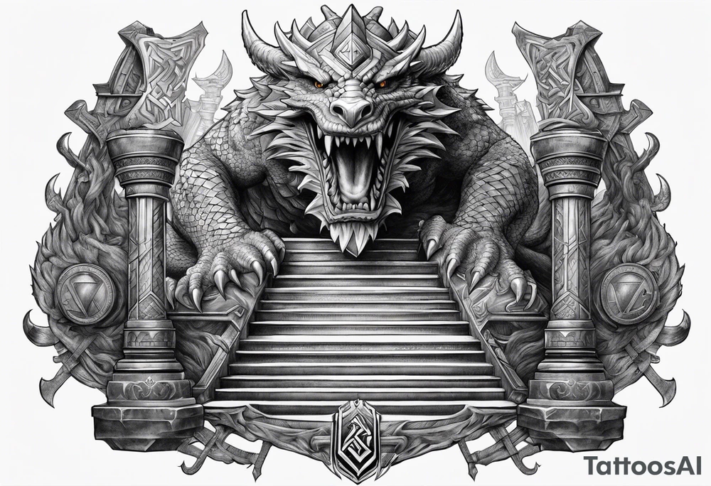 Valhalla sword shield dragon axe Valknut stairs tattoo idea