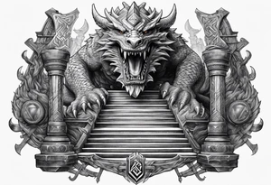 Valhalla sword shield dragon axe Valknut stairs tattoo idea