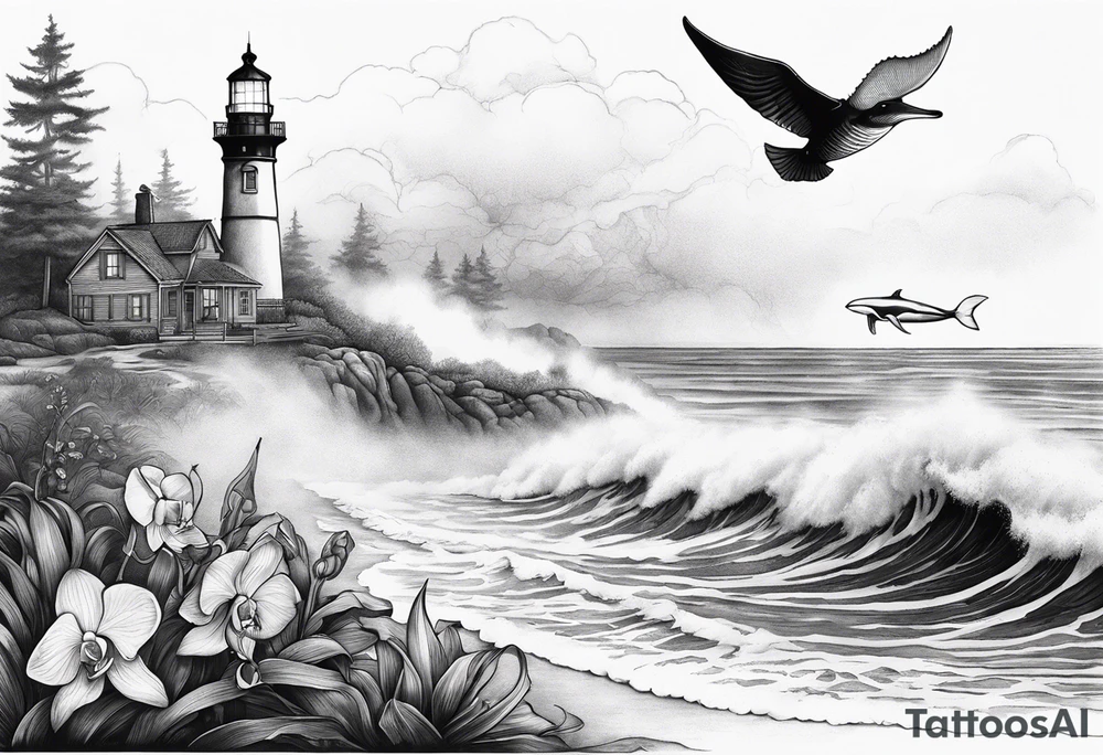 Lighthouse on a beach with light on in the fog and a humpback whale's tail sticking out of the water of the ocean with a border containing an anchor and orchids tattoo idea