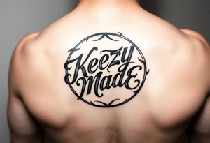 Just lettering  fancy but rugged twisted and intertwined circular arched curvy lettering in a circular  that would be clothing brand style that says (KeezY MadE) tattoo idea