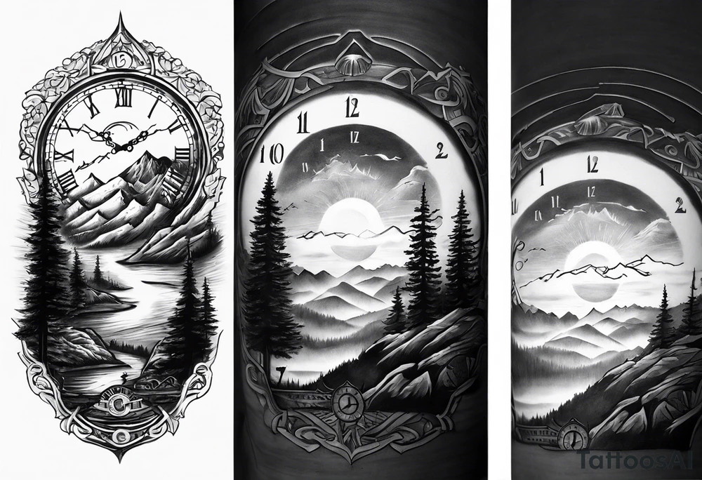 Half sleeve. View from the base of the mountains looking up to the sun. The sun is a clock that reads 12:01 to signify a new day. I want a clock tower in the middle of the mountains with the times my two sons were born. This tattoo represents overcoming massive obstacles and becoming a better person. tattoo idea
