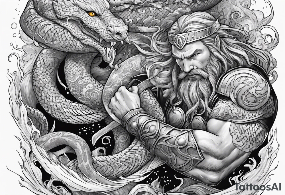 Thor getting eaten by the world serpent in the ocean tattoo idea