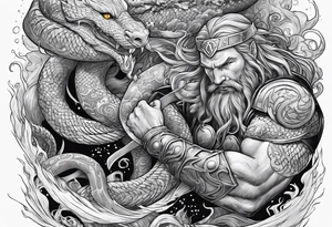 Thor getting eaten by the world serpent in the ocean tattoo idea