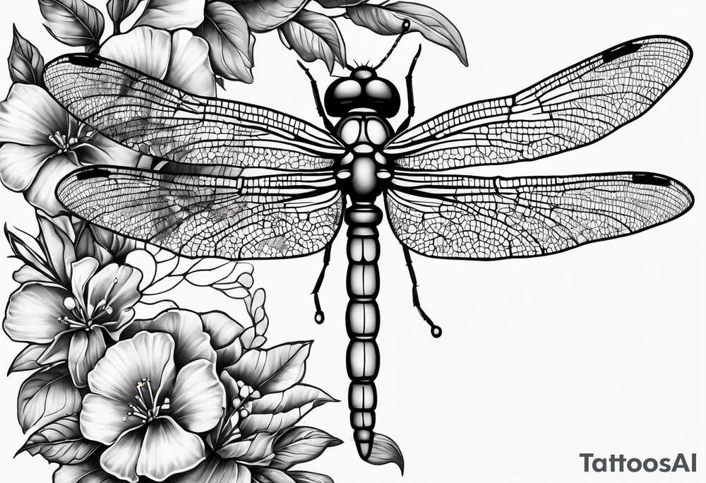 cap sleeve tattoo of a barbed wire dragonfly and a spray of bouganvillia tattoo idea