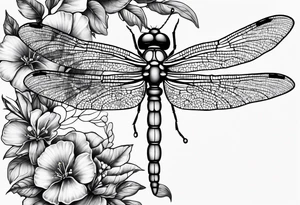 cap sleeve tattoo of a barbed wire dragonfly and a spray of bouganvillia tattoo idea