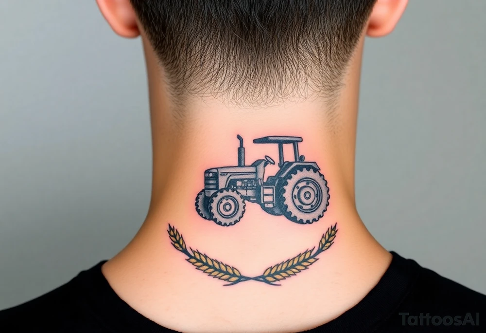 A tractor framed by a circular wreath of wheat and corn stalks, representing abundance and harvest. tattoo idea