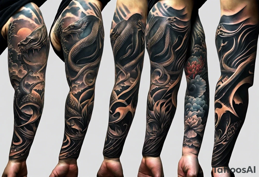 A full sleeve arm tattoo starting with an octopus by the hand going to a great white shark then an angler fish. Forearm will be a Komodo dragon, bull, and wolf. The bicep will be birds with a golden eagle, raven and owl tattoo idea