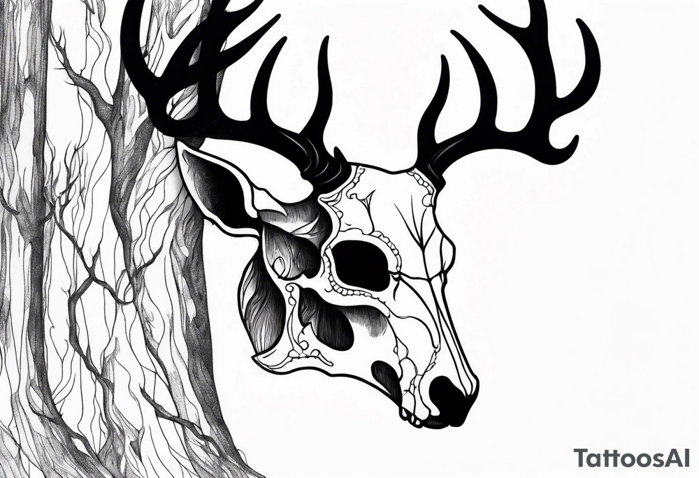 side profile of a DECAYING deer skull JUST BONE lore accurate surrounded by a flames and trees tattoo idea