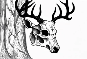 side profile of a DECAYING deer skull JUST BONE lore accurate surrounded by a flames and trees tattoo idea