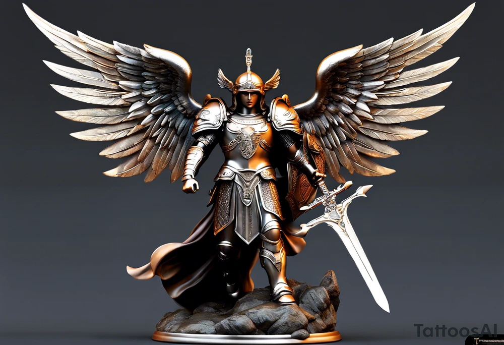 **Tattoo Design: Archangel Michael**

- **Central Theme**: Archangel Michael, majestic and powerful, stands ready with a raised sword, prepared to battle evil.
- **Appearance**: The figure of Archangel Michael depicted in full angelic armor, with majestic wings spread wide.
- **Expression**: His stance conveys strength, courage, and determination in defense of good.
- **Details**: Focus on intricate details such as facial features, armor embellishments, and the raised sword.
- **Background**: May be stylized as celestial, with rays of light or clouds, accentuating the divine presence of Archangel Michael.
- **Placement**: Intended for placement on the chosen body area, with the option to adjust the size according to personal preferences. tattoo idea