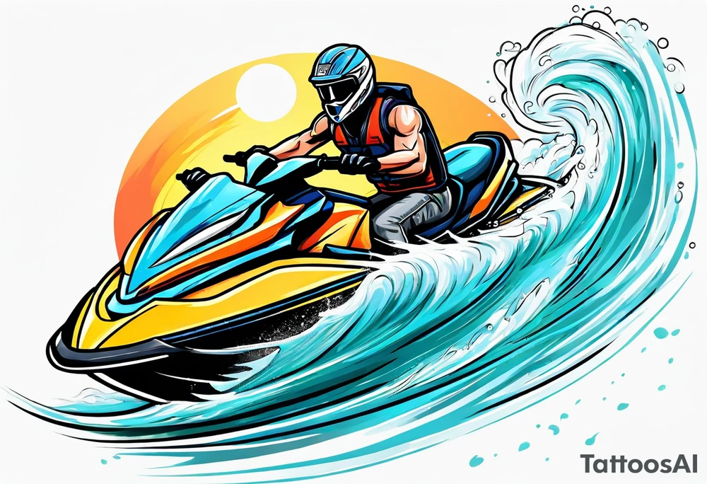 jay is a big irish man with three arms riding a jet ski tattoo idea