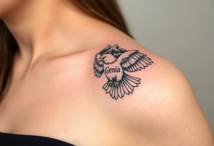 majestic eagle spreading wings against mountain peaks with name Genia in it tattoo idea