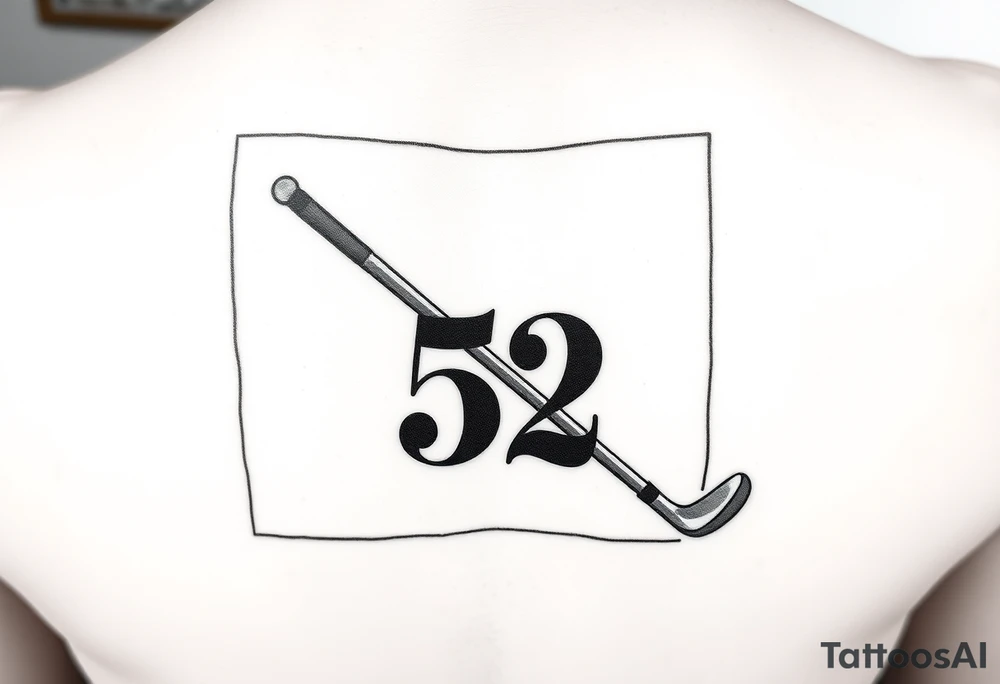 A realistic golf club centered inside a minimalist frame (should be rectangular). Inside the frame, integrate the number 52 in a balanced way, either beneath or overlaying the golf club. Black tattoo style, suitable for thigh tattoo. clean lines, not that detailed - simple of nature. tattoo idea