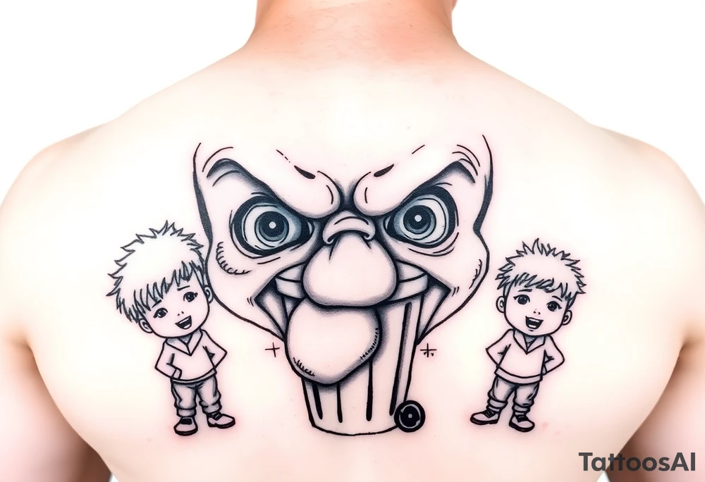 powerful faces with huge eyes and mouth with foamy mouth with a garbage pail kids around tattoo idea