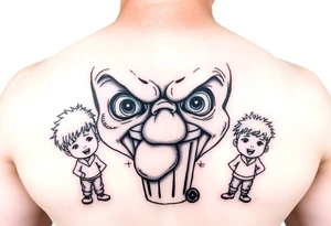 powerful faces with huge eyes and mouth with foamy mouth with a garbage pail kids around tattoo idea