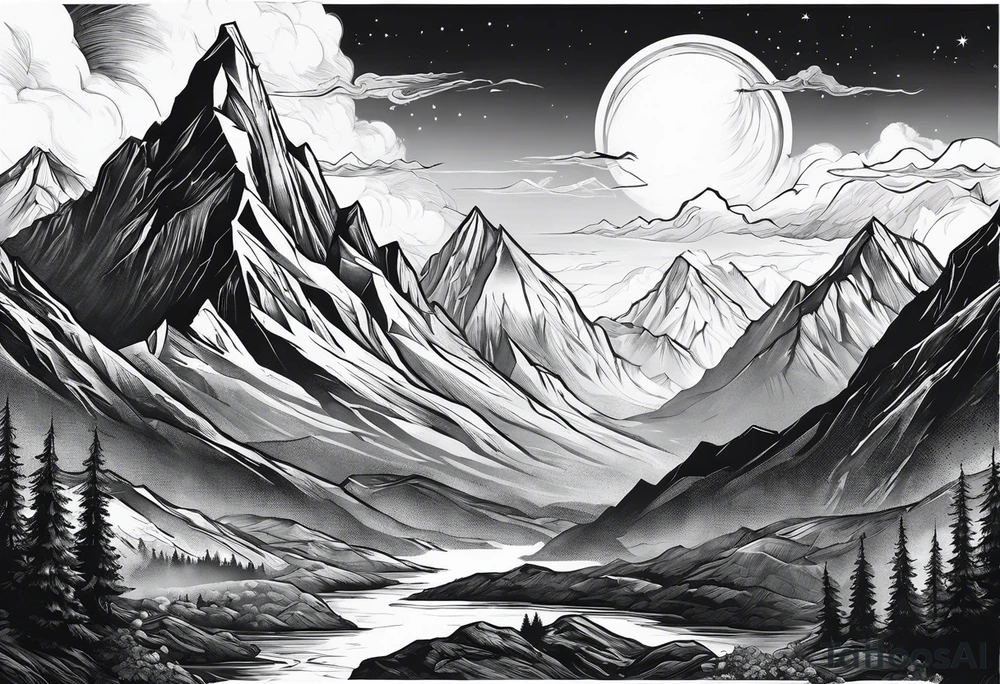 Mountains with space Viking flying above tattoo idea
