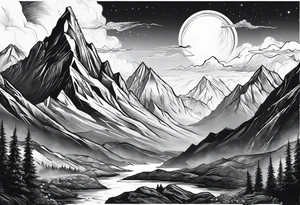 Mountains with space Viking flying above tattoo idea