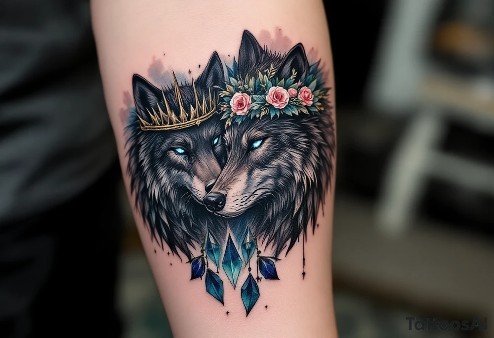 A pair of black wolves, one with a spiked crown and one with a floral tiara, eyes glowing icy blue. tattoo idea
